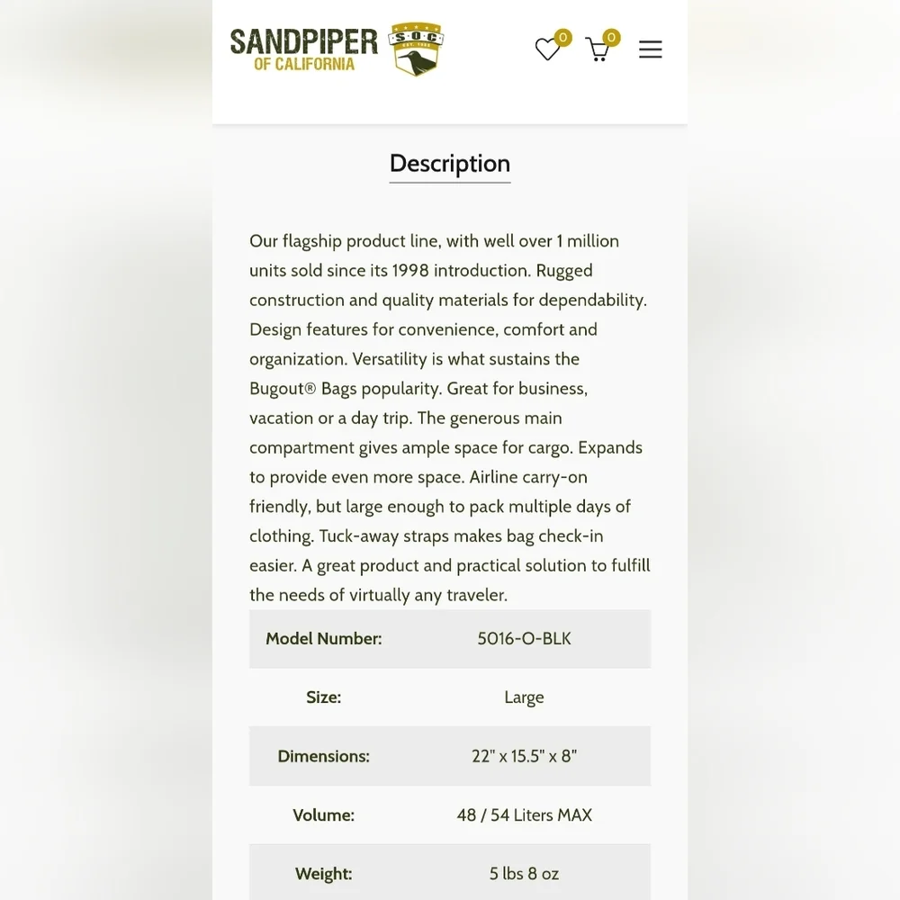 Sandpiper of California Black Military Mens Hiking Bugout Bag NEW - Picture 11 of 16